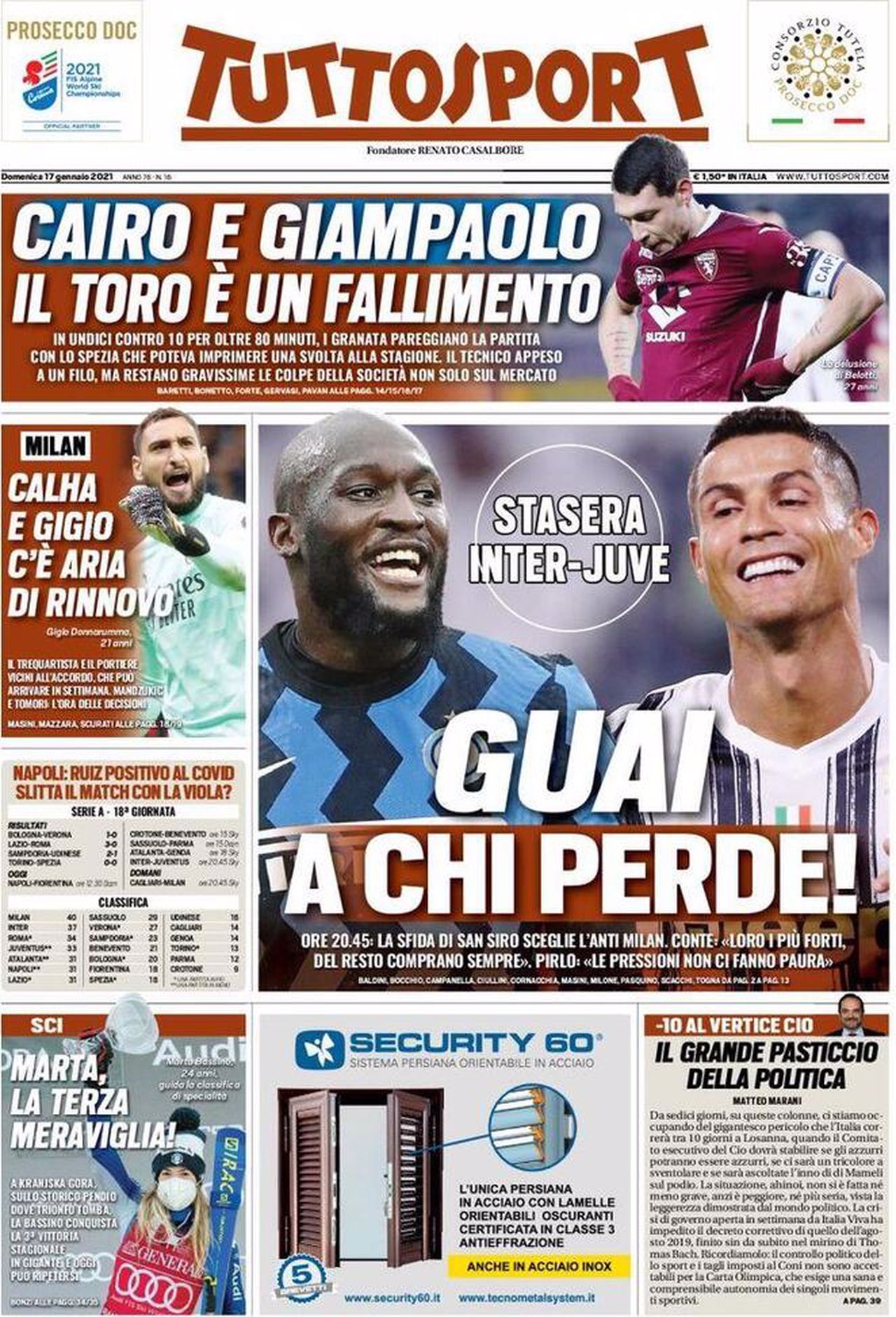 Prima pagina TuttoSport 17-01-2021