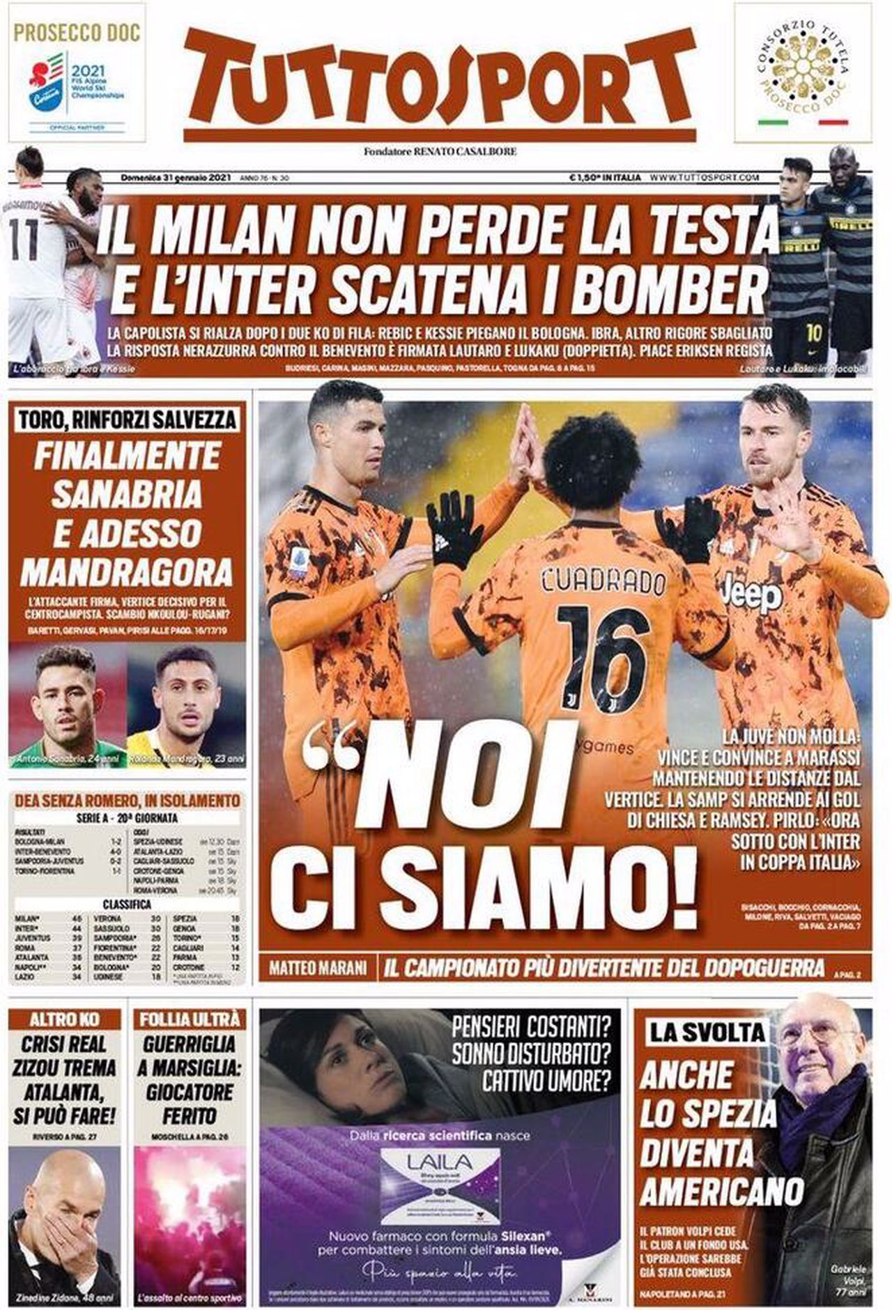 Prima pagina TuttoSport 31-01-2021