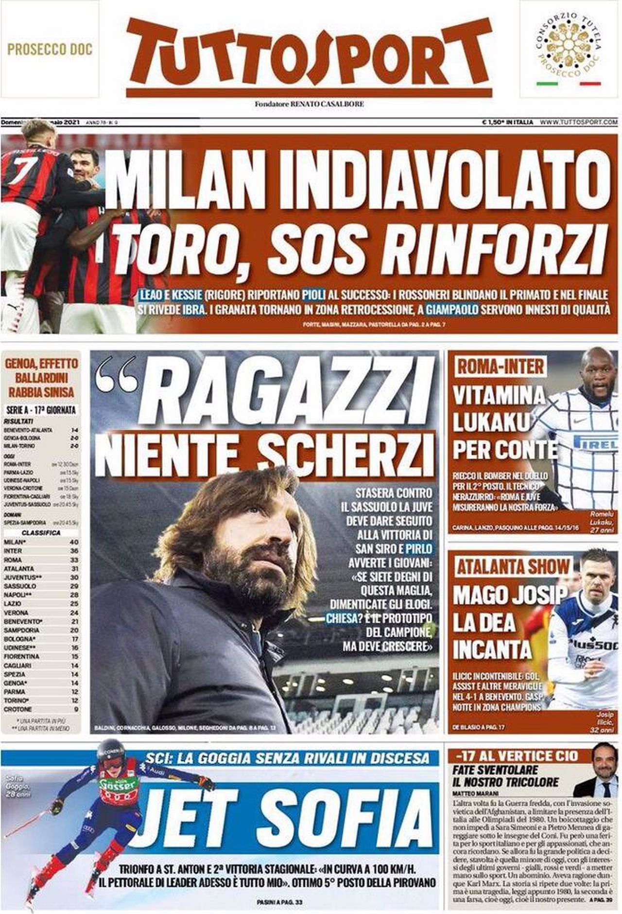 Prima pagina TuttoSport 10-01-2021