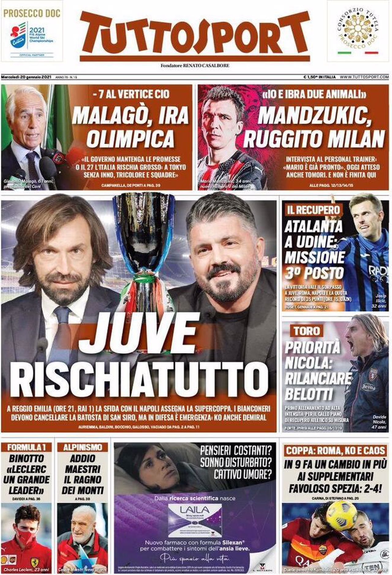 Prima pagina TuttoSport 20-01-2021