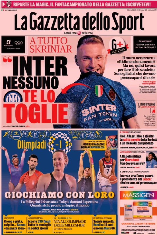 Prima pagina Gazzetta 22/07/2021