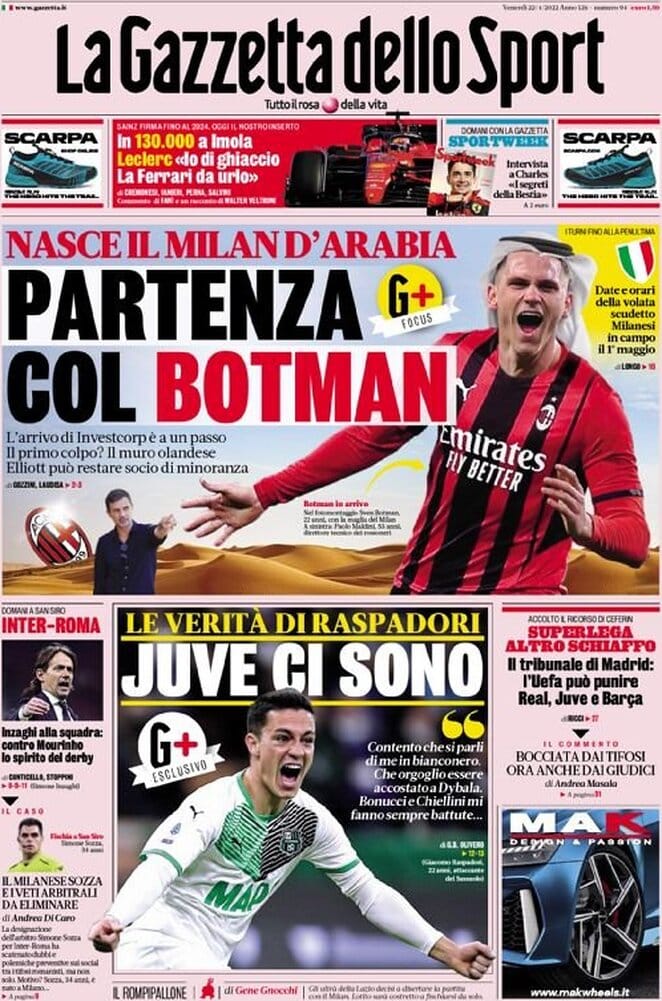 Gazzetta dello Sport prima pagina 22-4-2022