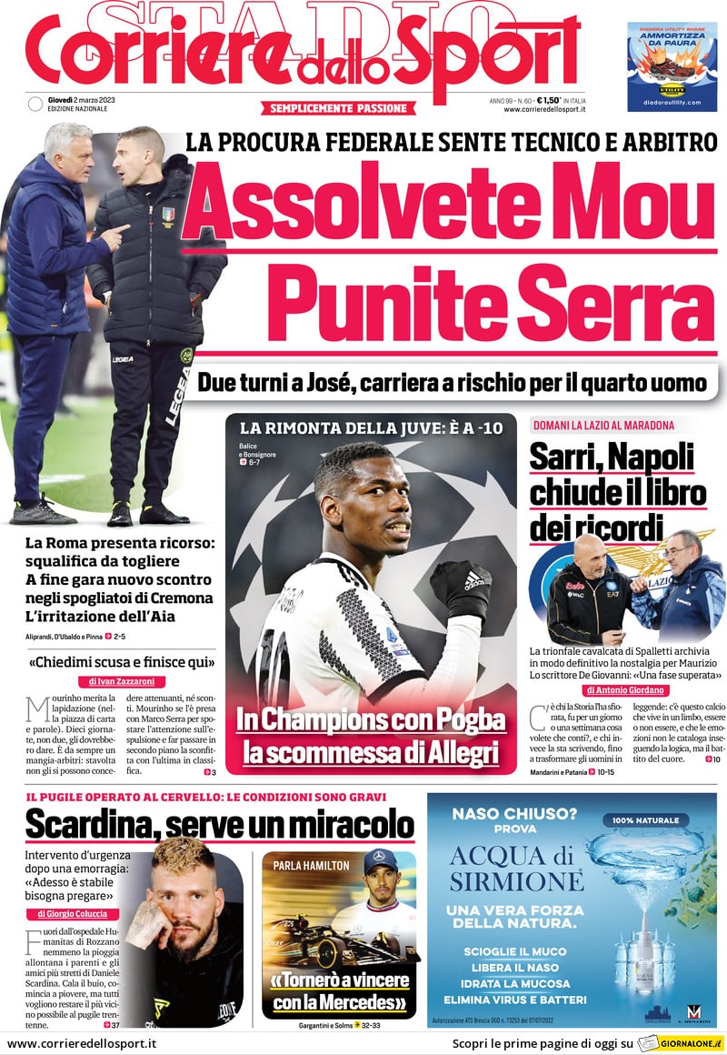 Corriere dello Sport prima pagina 2-3-23