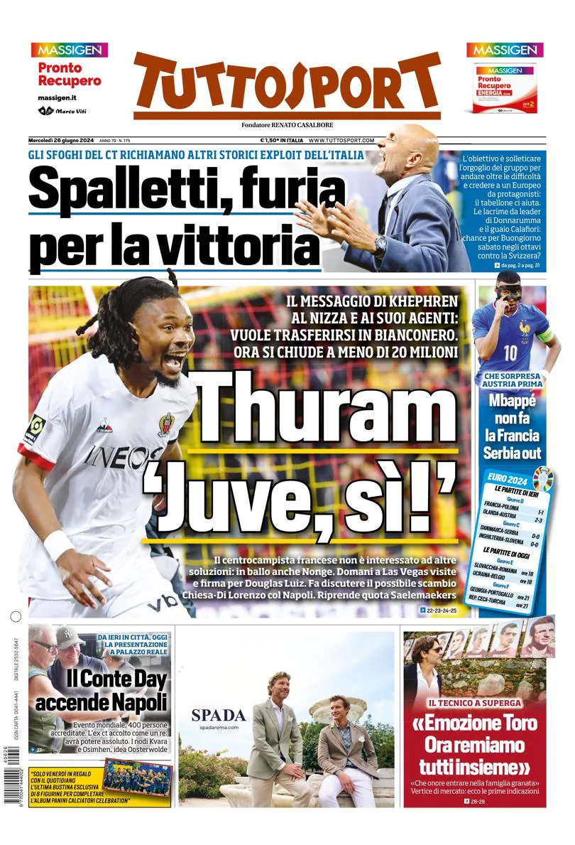 Prima pagina Tuttosport 26-6-24